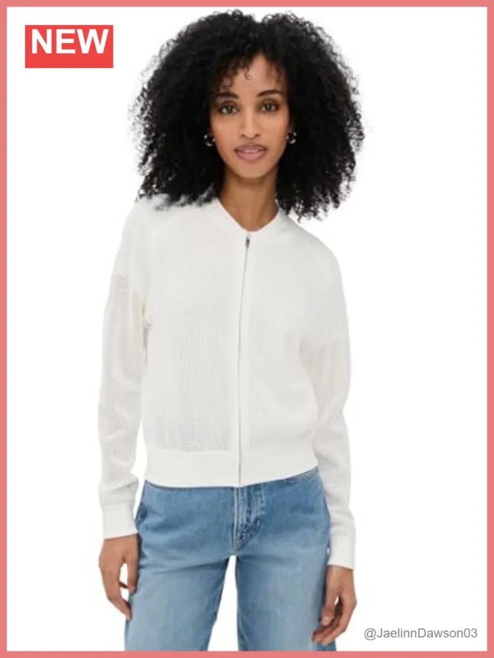 Pointelle Bomber Cardigan Zip-Up Long Sleeve Aviator